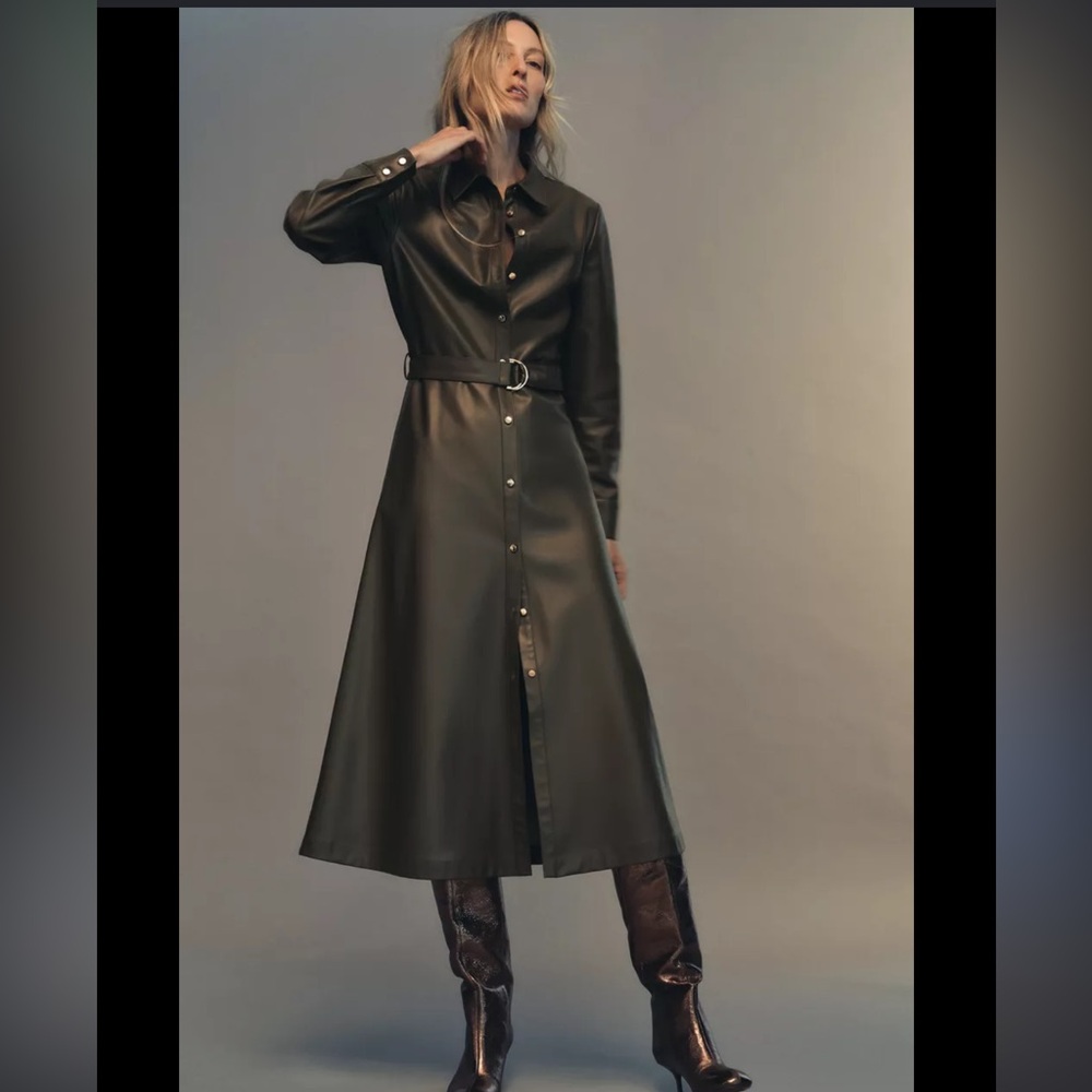 Faux Leather Button-Front Midi Dress in dark green
